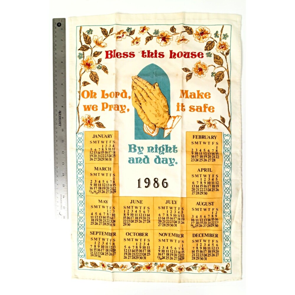 Vintage 1986 Cotton Fabric Kitchen Tea Towel Wall Calendar 25x15" - Bless House